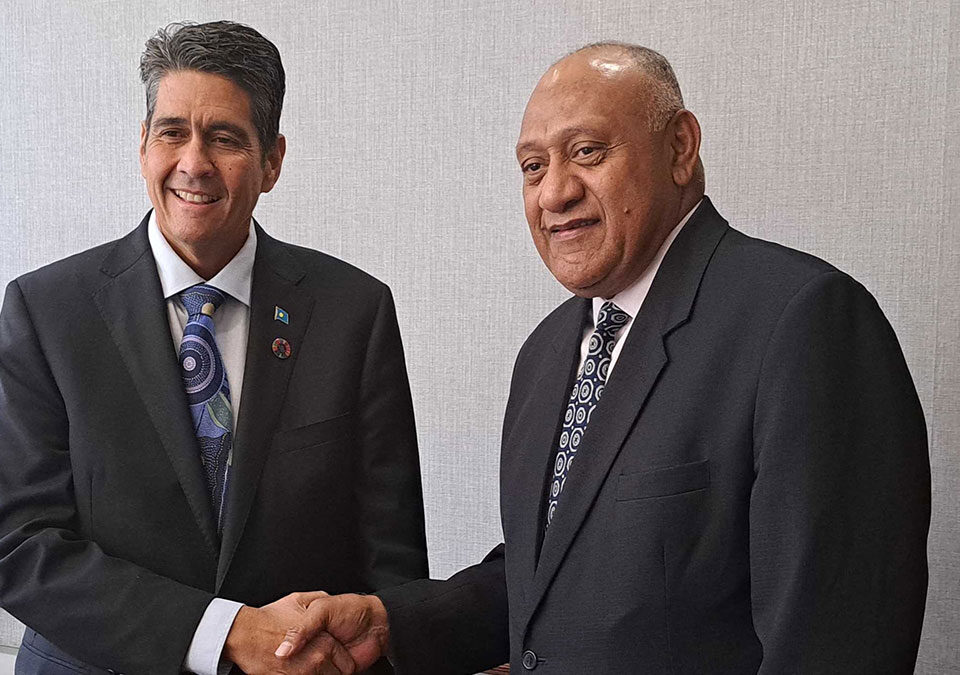 President of the Republic of Palau, His Excellency Surangel Whipps Jr with Pacific Ocean Commissioner Dr Filimon Manoni in their bilateral meeting in the margins on the United Nations General Assembly 78th session in New York, USA